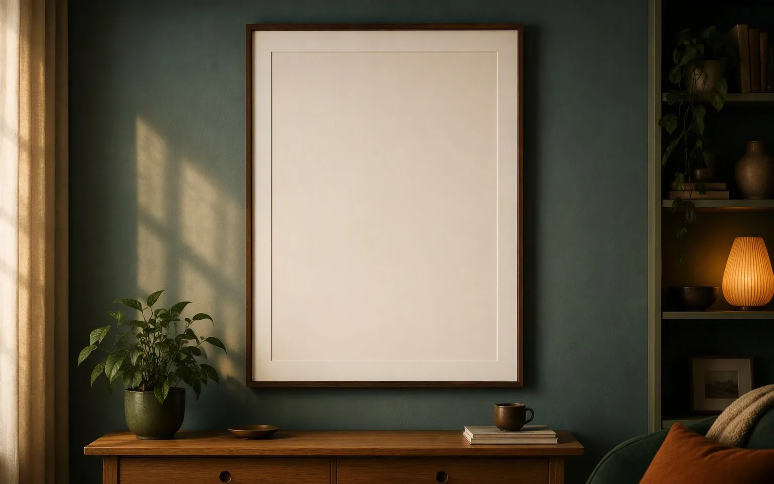 A family tree chart inside a slim walnut frame on a warm living-room wall