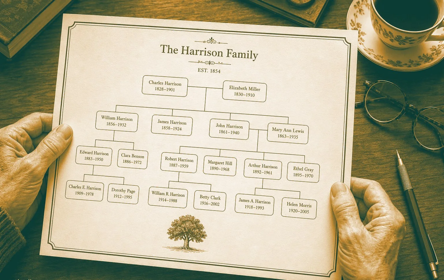 Hands holding a freshly printed family tree chart over a walnut desk with tea and glasses