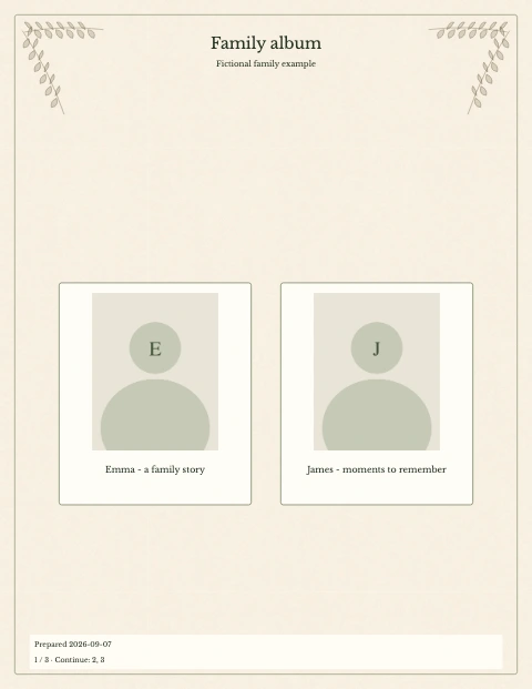 Family Album — fictional example, page 1 of 3
