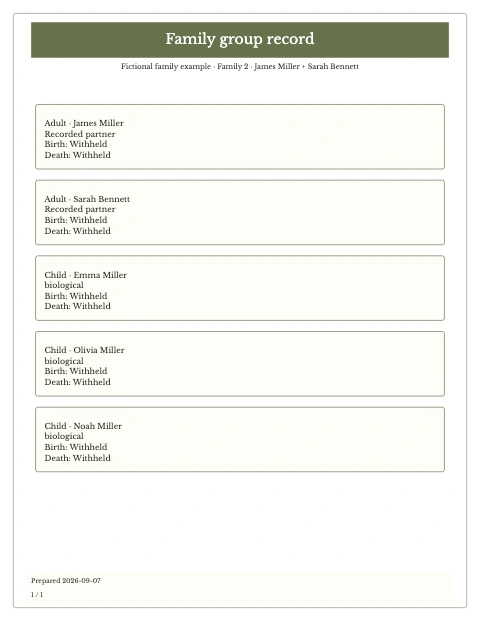 Family Group Sheet — fictional example, page 1 of 1