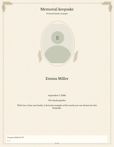 Memorial Tribute — fictional example, page 1 of 1